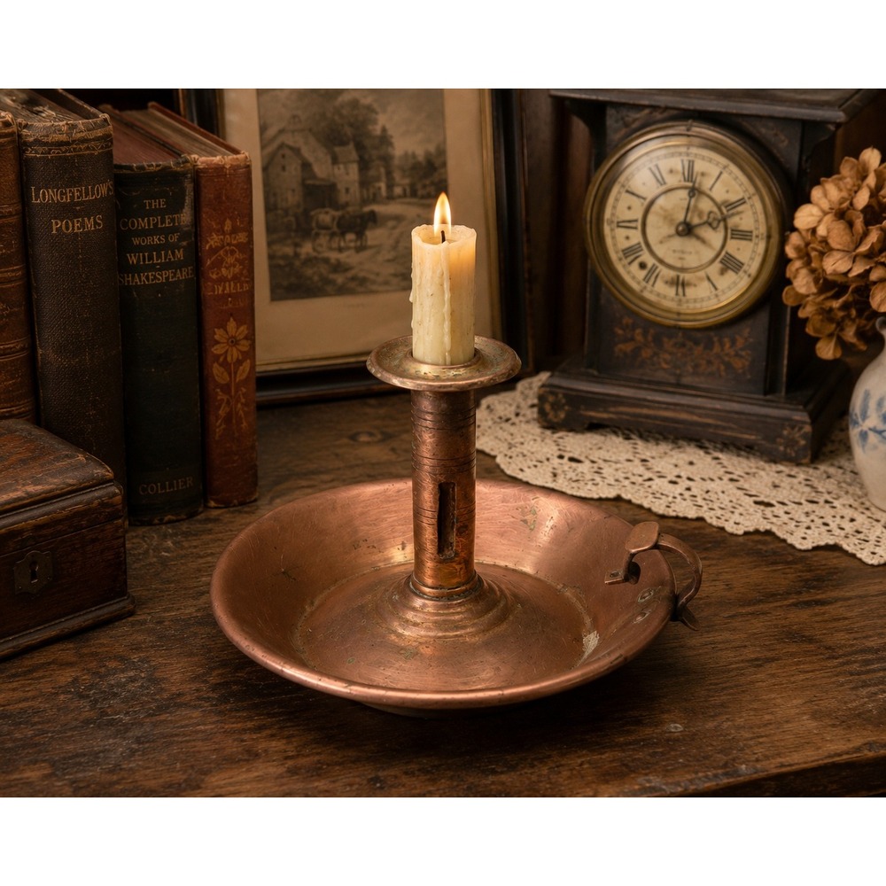 Antique Copper Chamberstick Candle Holder with Push Up Mechanism and Finger Loop - Picture 2 of 13